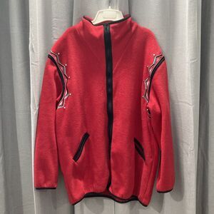 Bob Mackie Wearable Art Fleece Zip Up Jacket Red Embroidered Size Large